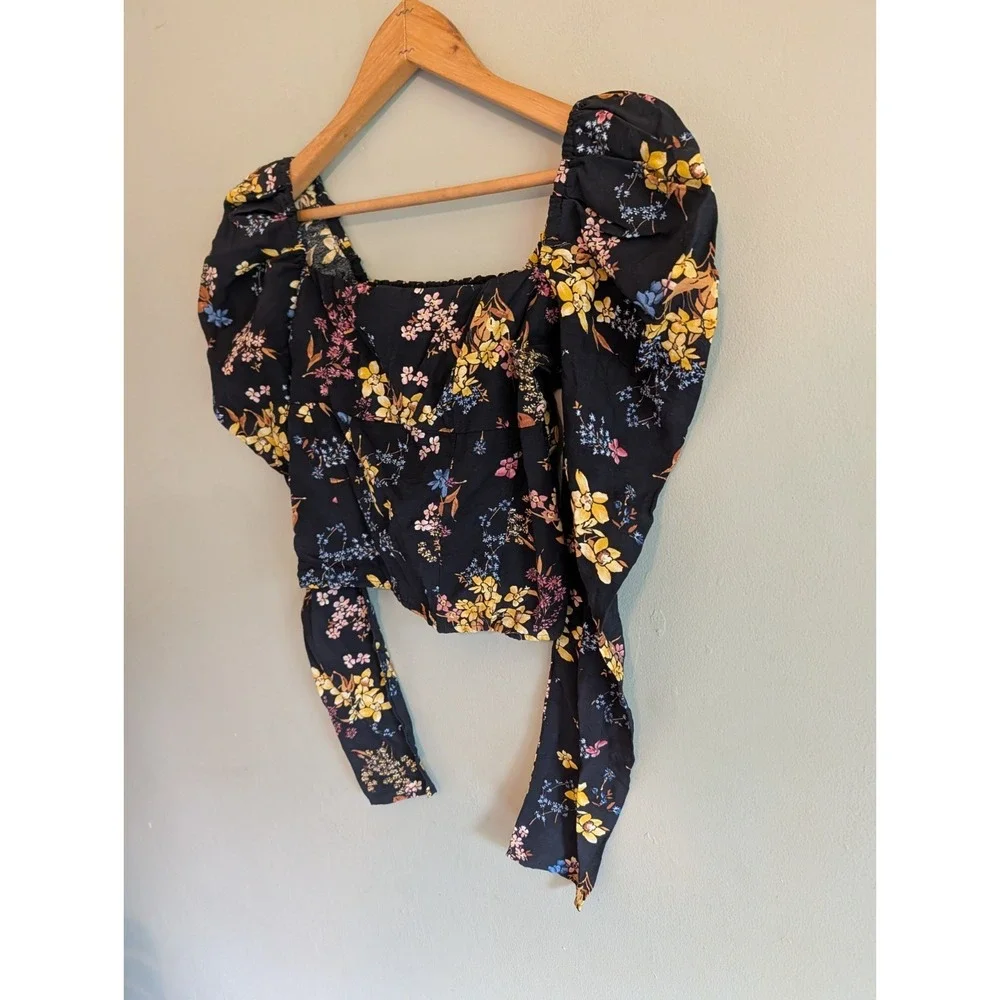 Abercrombie Fitch Black Floral Puff Sleeve Smocked Square Neck Top XS Whimsigoth